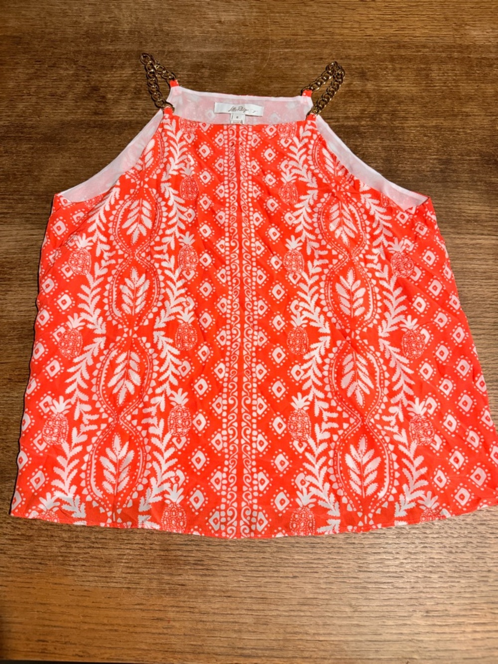 Lilly Pulitzer Coral and White Printed Top with Chain Accent